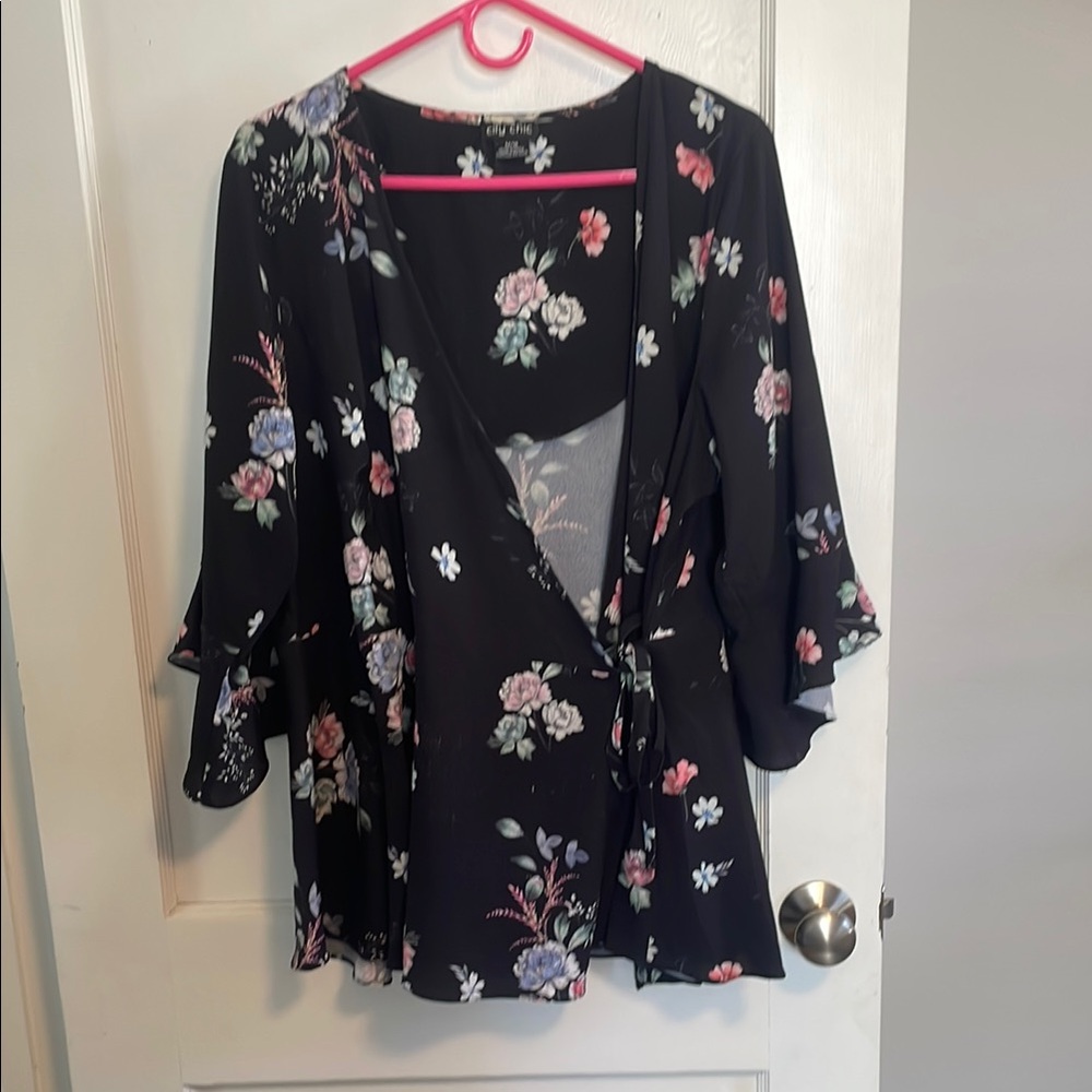 City Chic Floral Black Wrap Top
